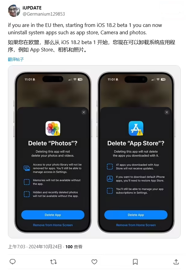 榕江苹果手机维修分享iOS 18.2 支持删除 App Store 应用商店 