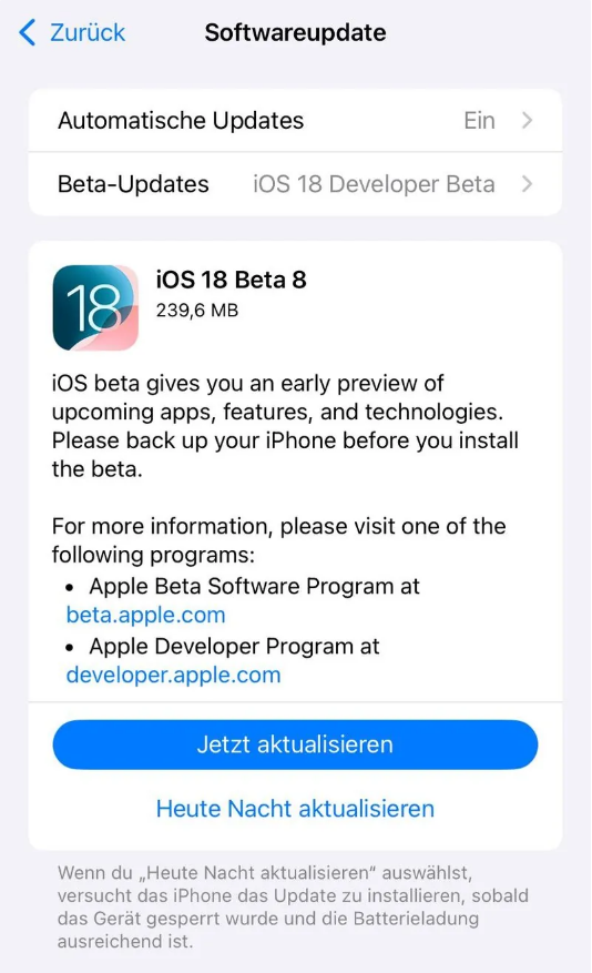 榕江苹果手机维修分享苹果 iOS / iPadOS 18 开发者预览版 Beta 8 发布 